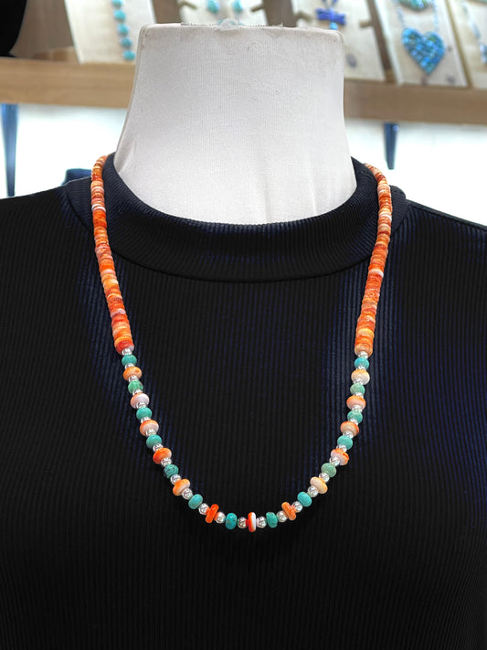 26" Orange Spiny Oyster Graduated With Green Turquoise & Navajo Style Pearls Necklace