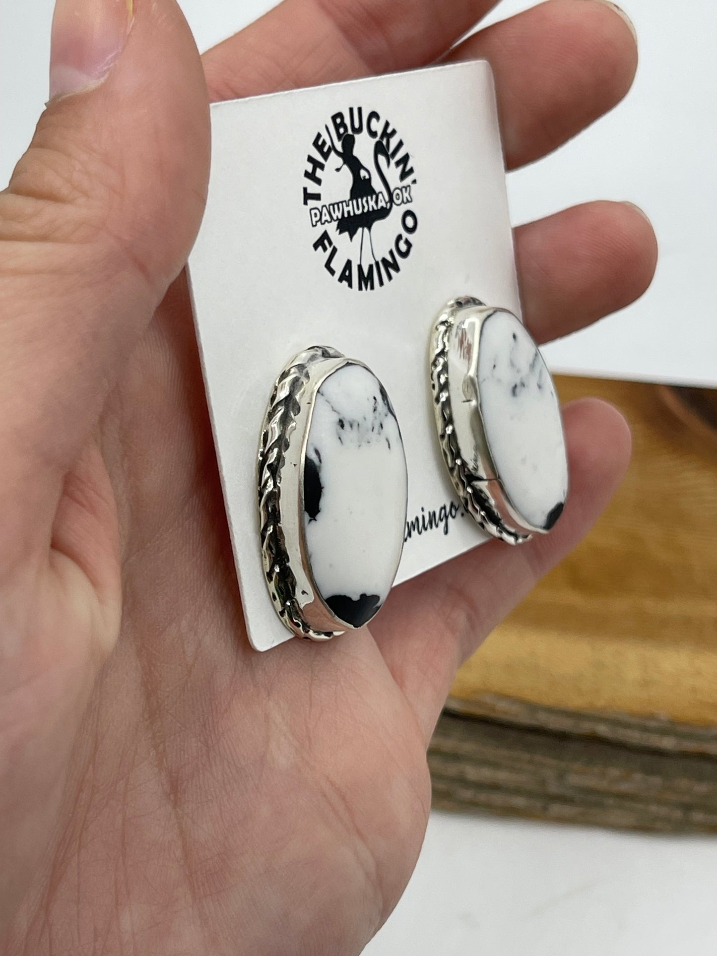 White Buffalo Oval Post Earrings by Mike Dedman, Navajo