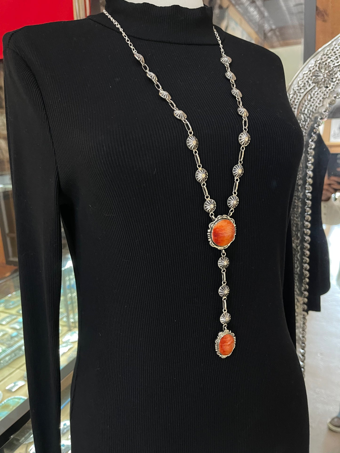 30"+6" Orange Spiny Oyster Shell Lariat Necklace by Leona Delgarito, Navajo