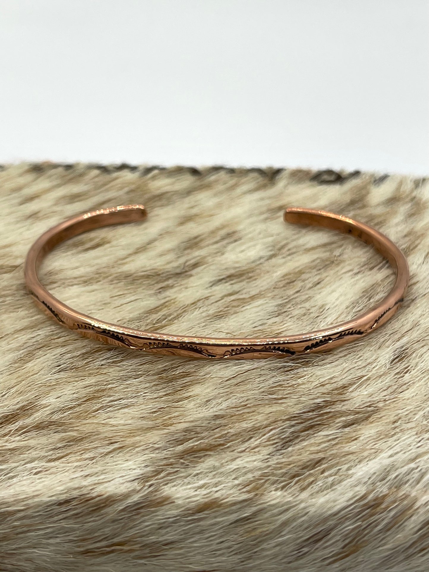 6.5"-8" Stamped Thin Copper Stacker Cuff by Elaine Tahe, Navajo (Stamping Varies)