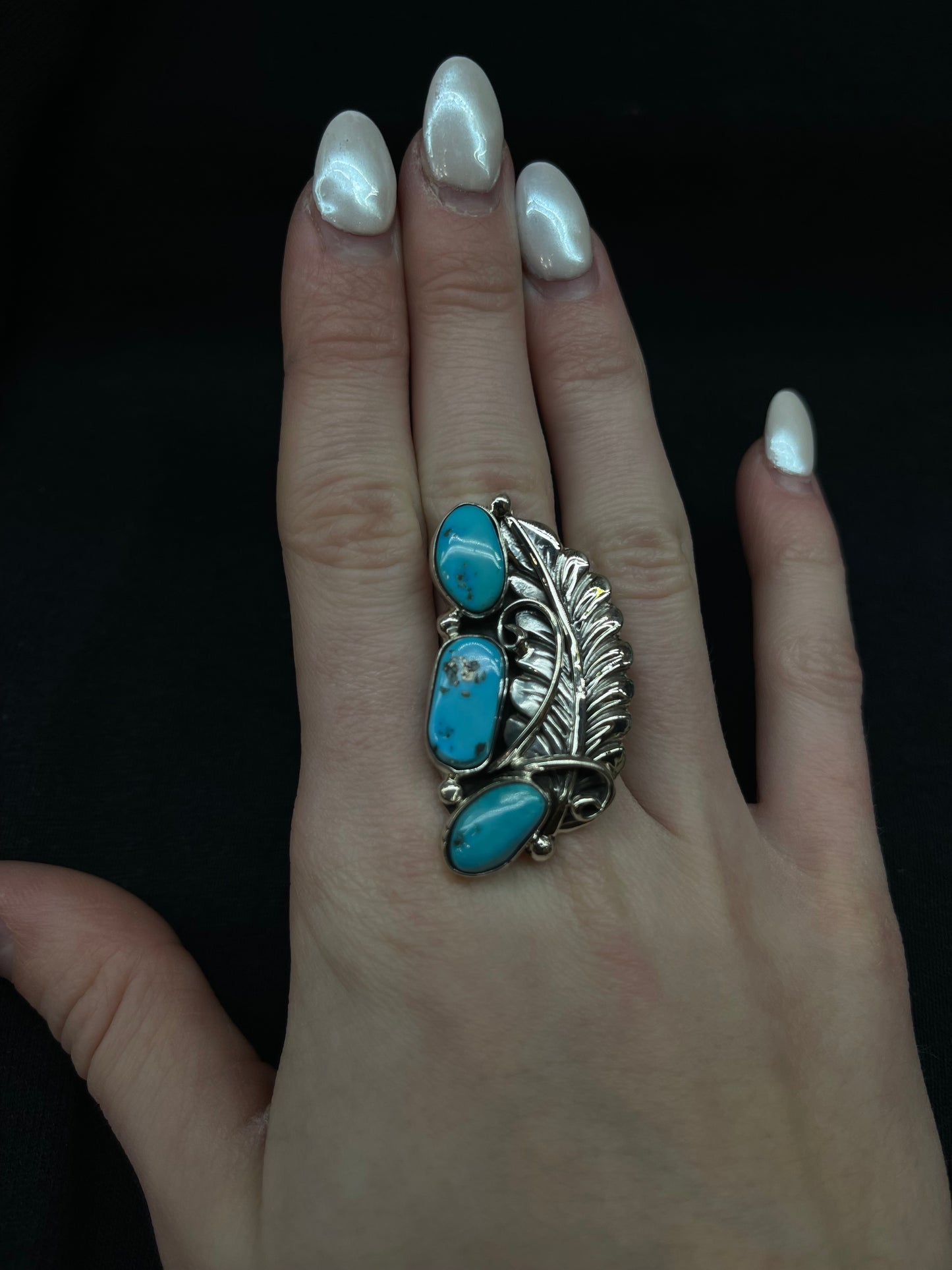 10.0 3 Stone Turquoise Feather Ring by Bernita Begay, Navajo