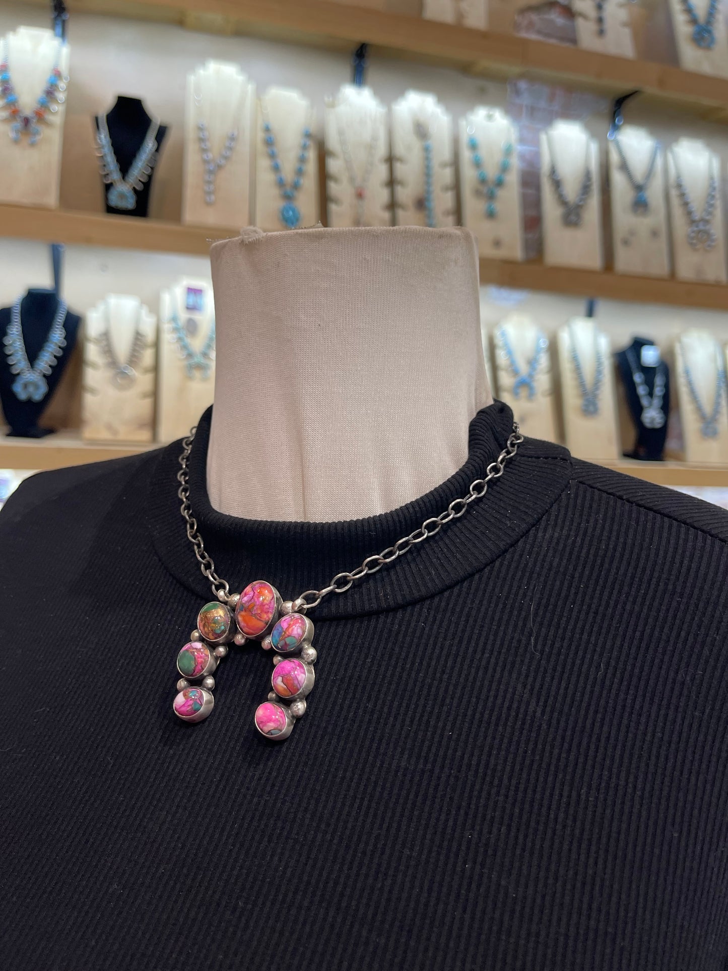 16" Pink Dahlia Naja Necklace by Augustine Largo, Navajo