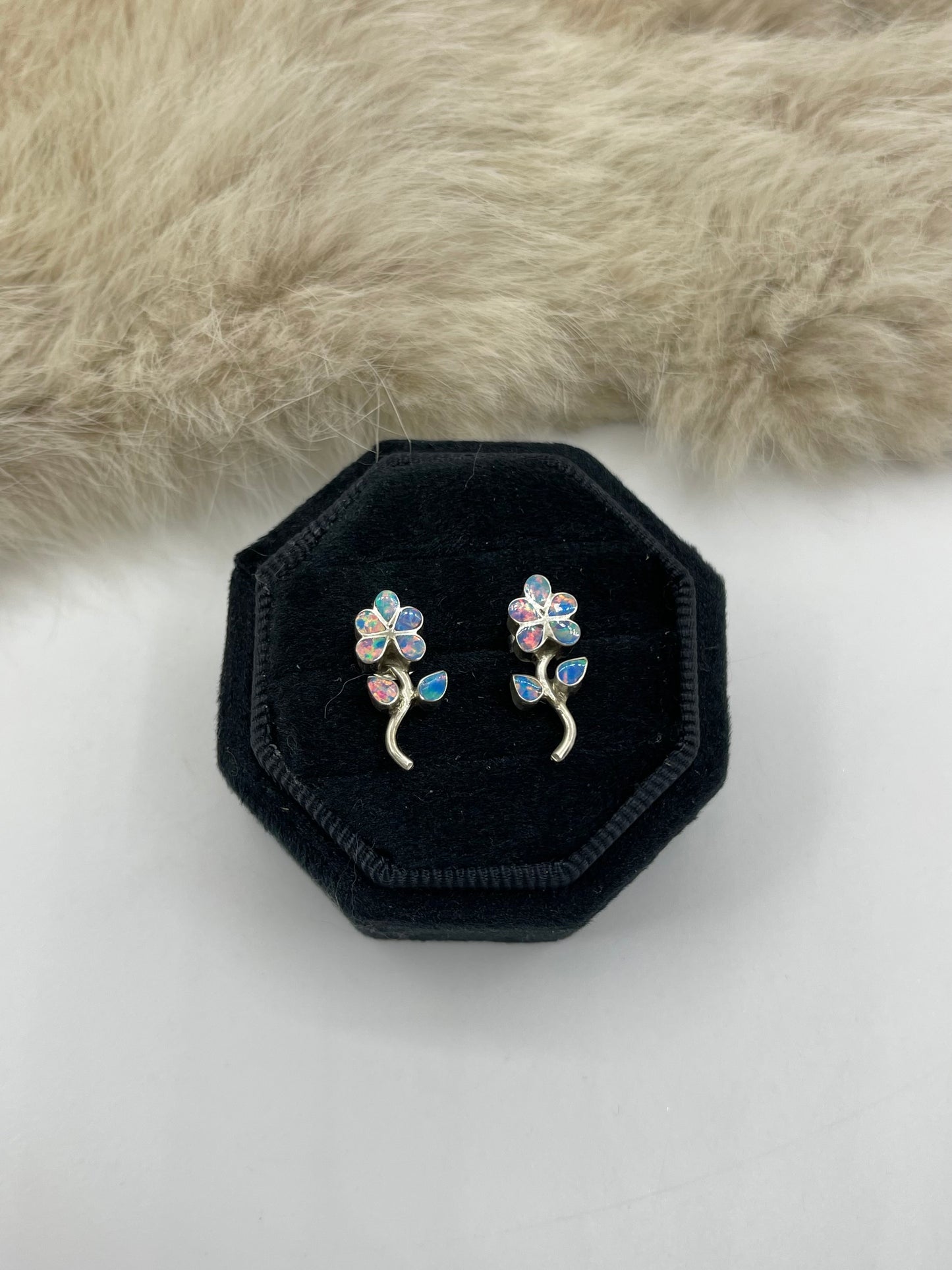 Blue Opal Flower Earrings by Donna Lasiloo, Zuni
