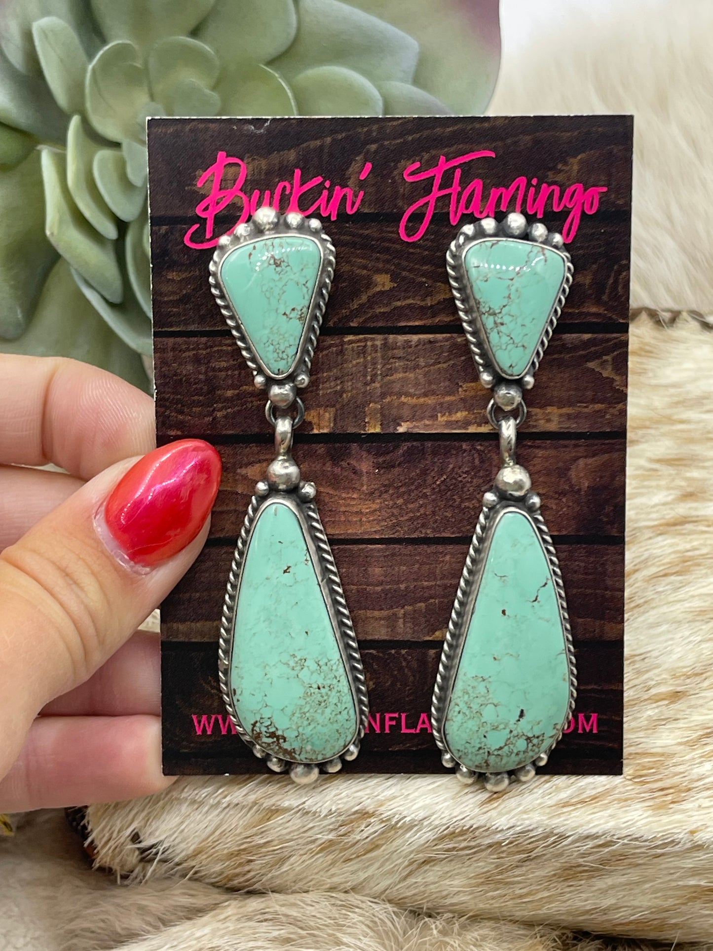 2 Stone Kingman Turquoise Drop Post Dangle Earrings by Elouise Kee, Navajo
