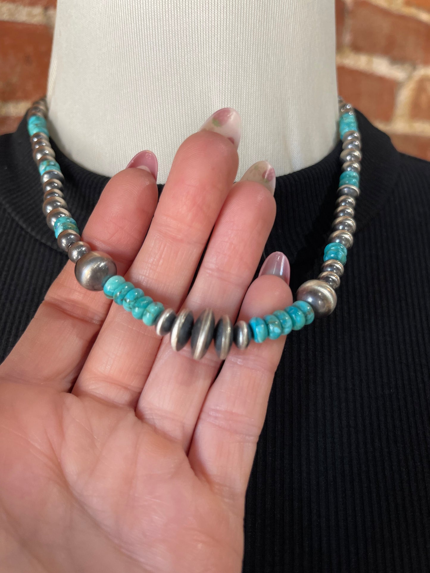 18"+2" 5mm-12mm Navajo Pearl and Turquoise Necklace