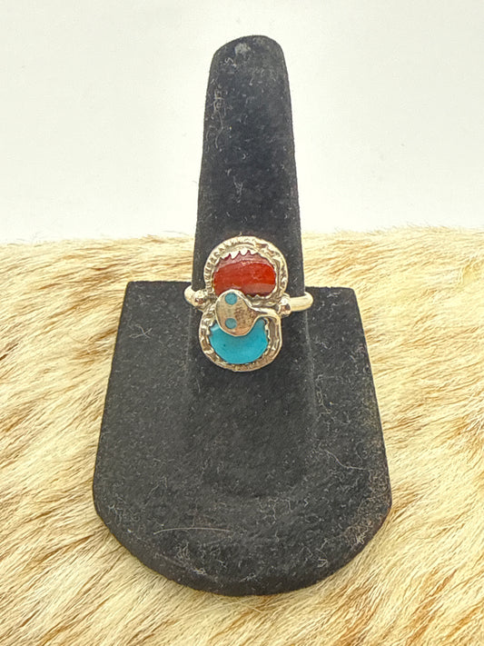 Red coral and Turquoise Ring by Effie Calabaza