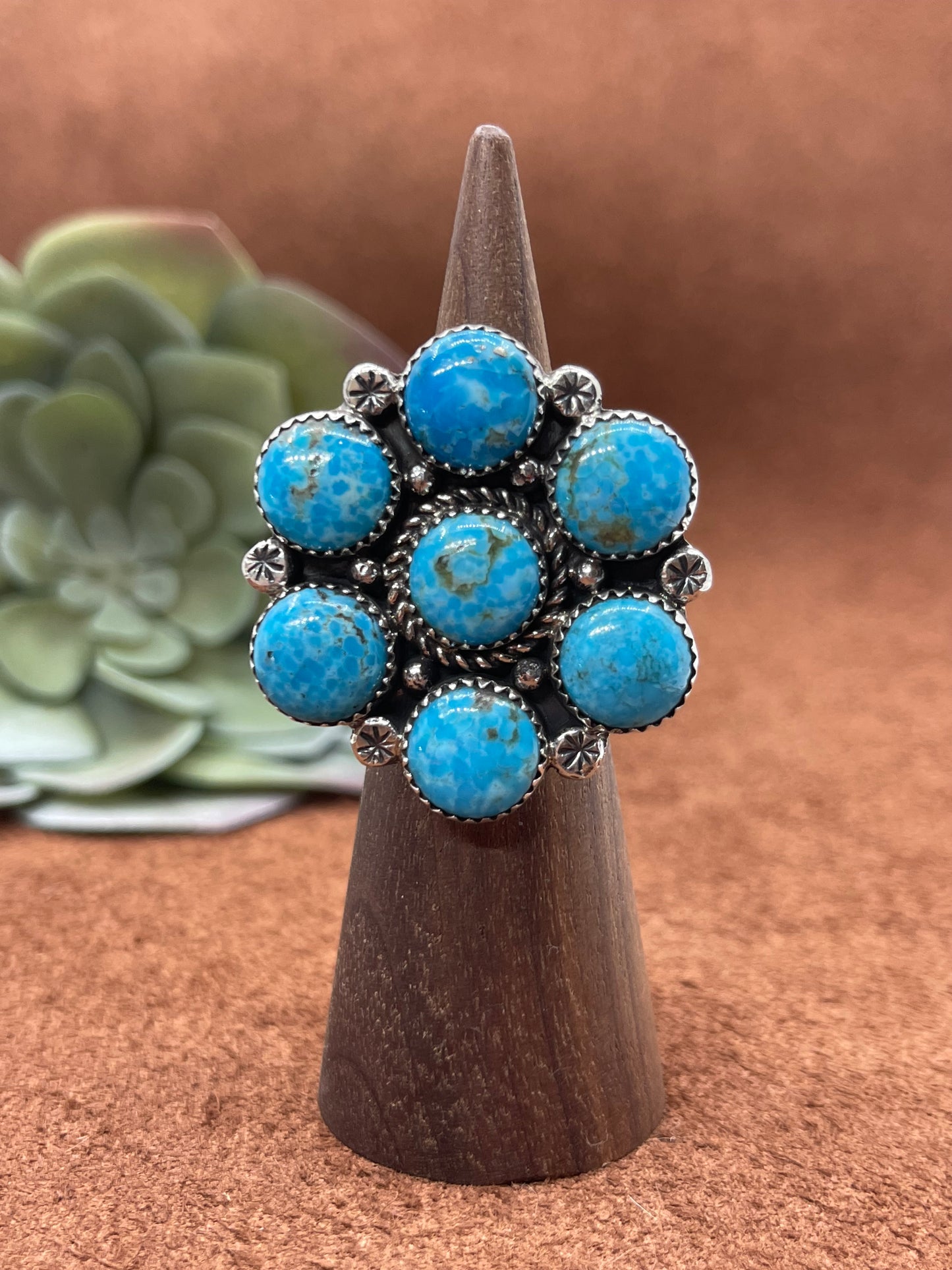 6.0 7 Stone Turquoise Cluster Ring by Charlene Yazzie, Navajo