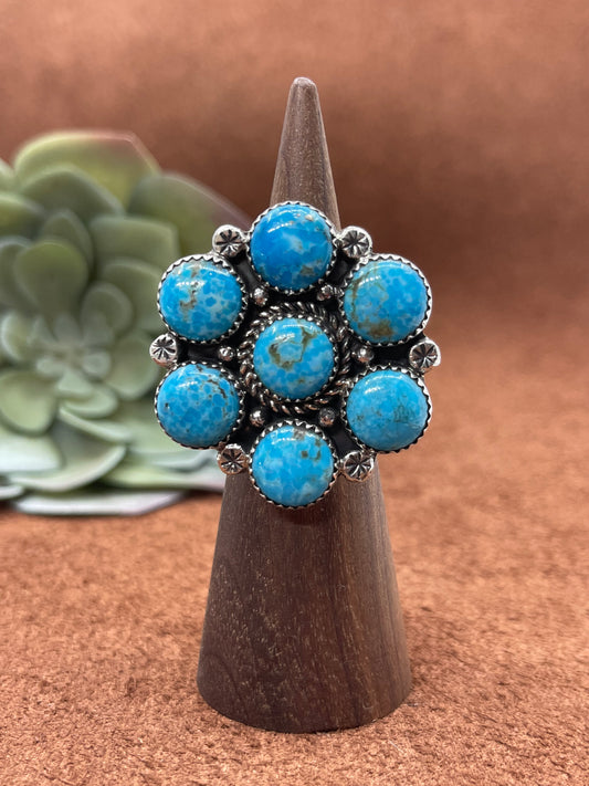 6.0 7 Stone Turquoise Cluster Ring by Charlene Yazzie, Navajo