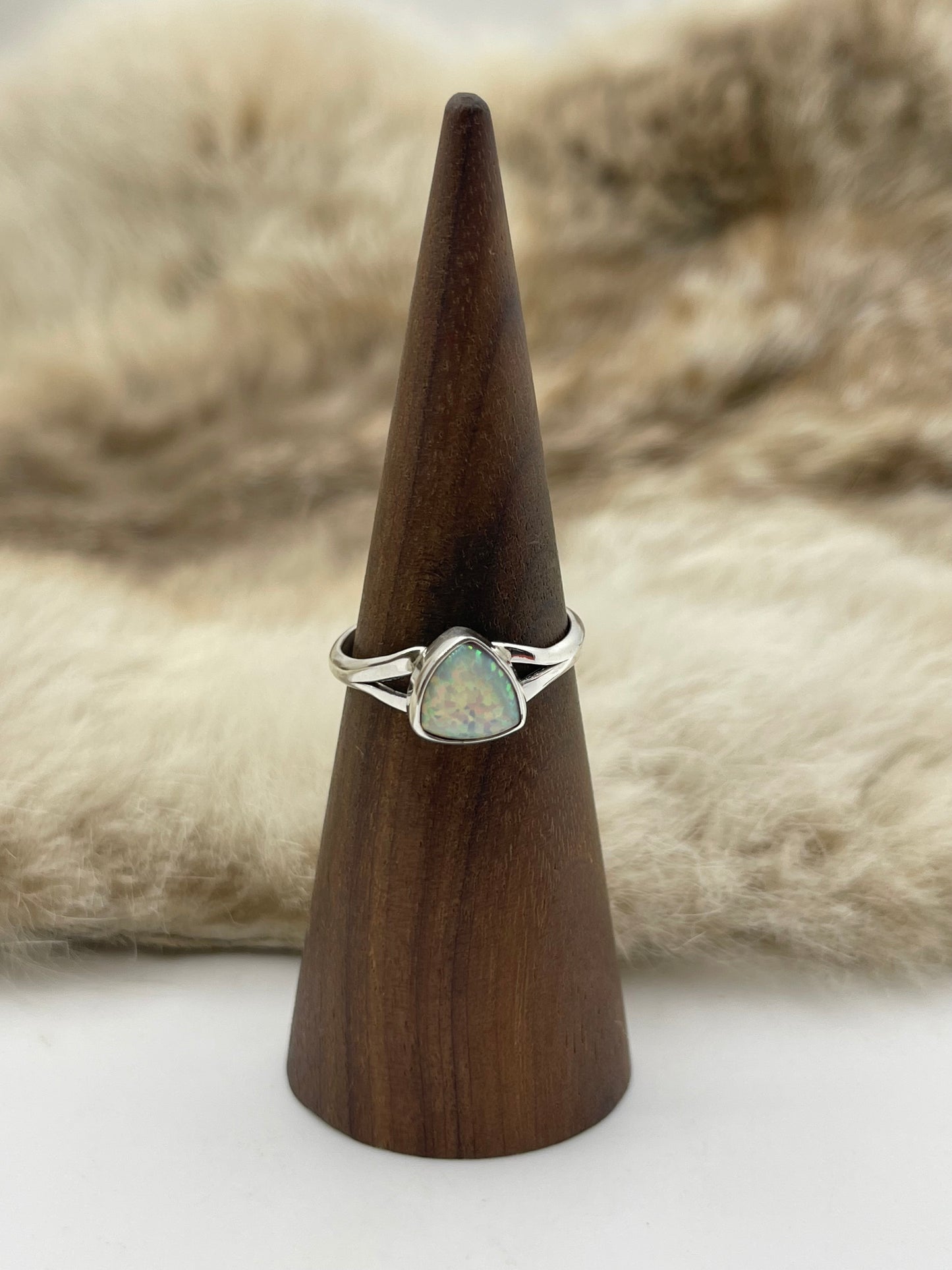 8.0 White Opal Triangle Single Stone Ring by Theresa Smith, Navajo