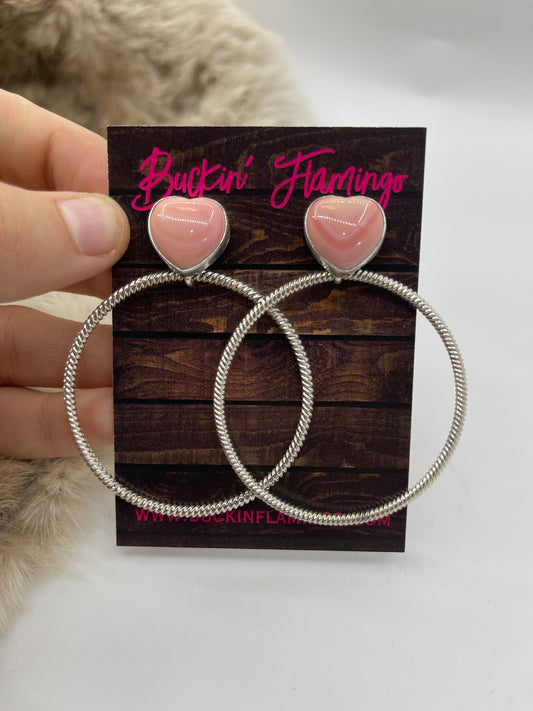 Pink Conch Shell Heart Post with Hoop by Verley Betone, Navajo
