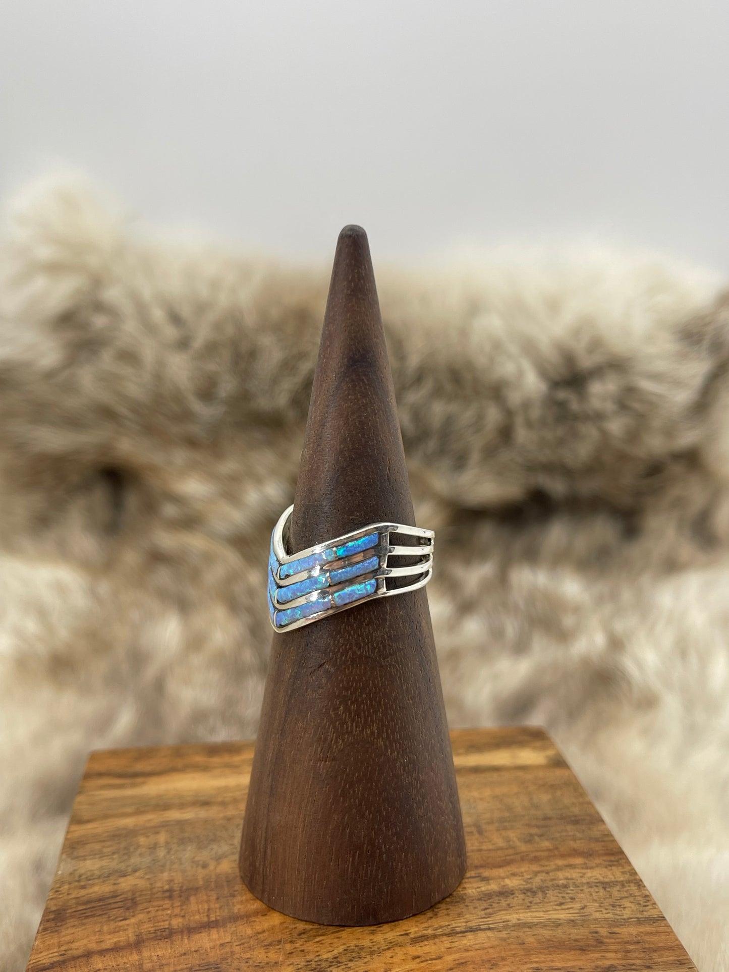 7.0 3 Row Chevron Blue Opal Ring by Andrew Enrico, Navajo