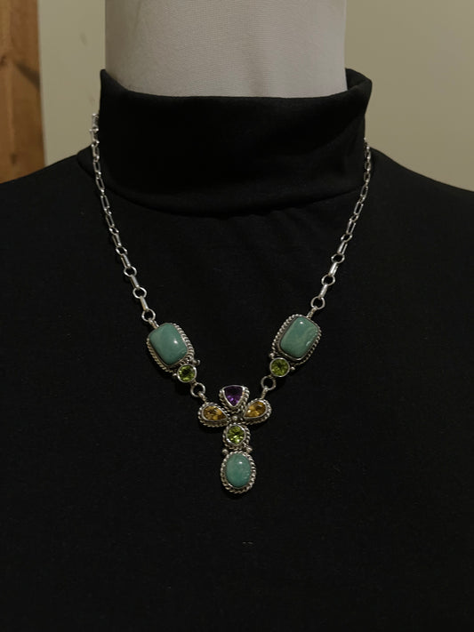 18" Turquoise, Amethyst, and Topaz Cross Necklace