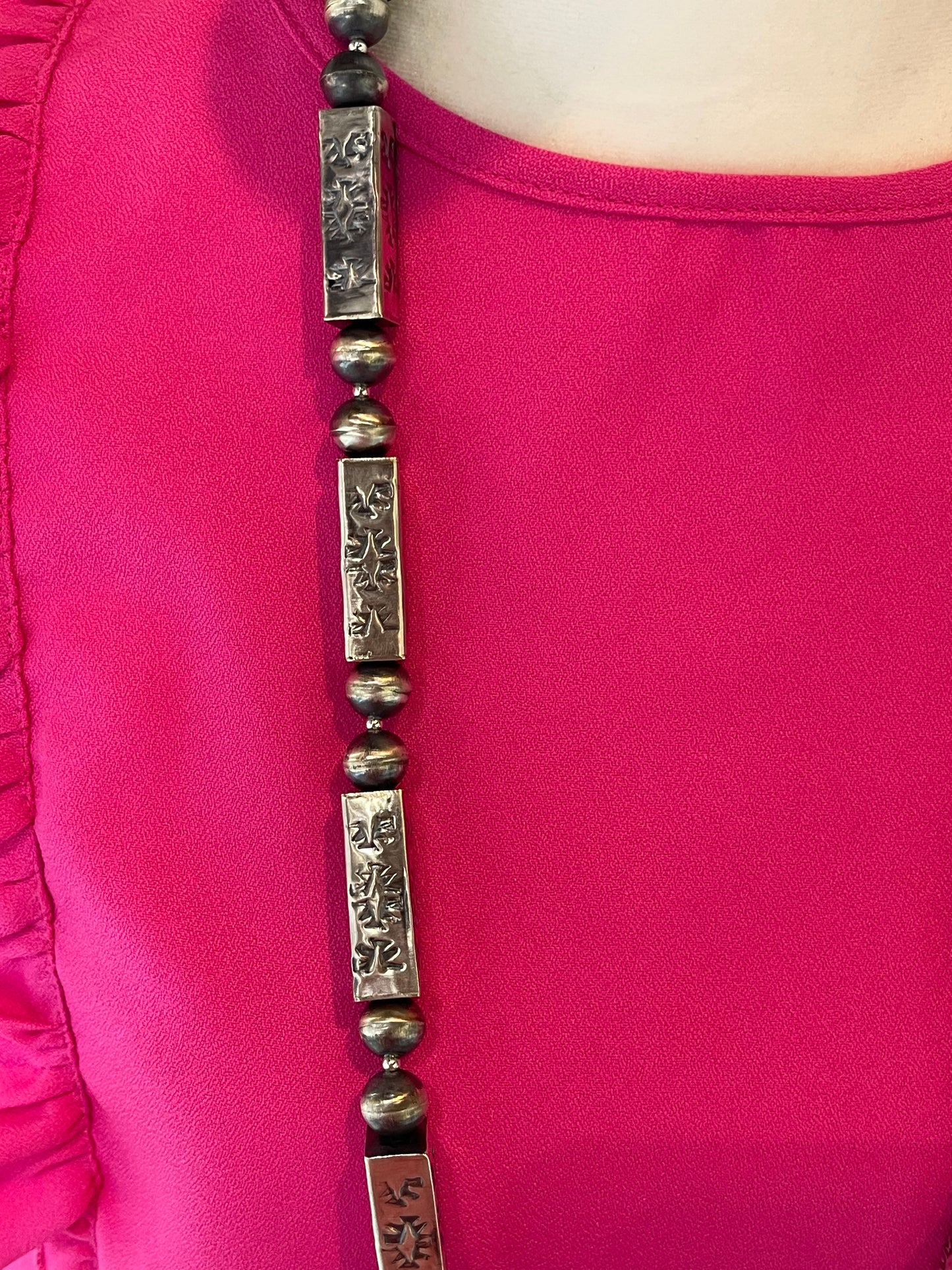 38" 11 MM HANDMADE STAMPED SQUARE BEAD NECKLACE & EARRING SET BY SOPHIA BECENTI, NAVAJO