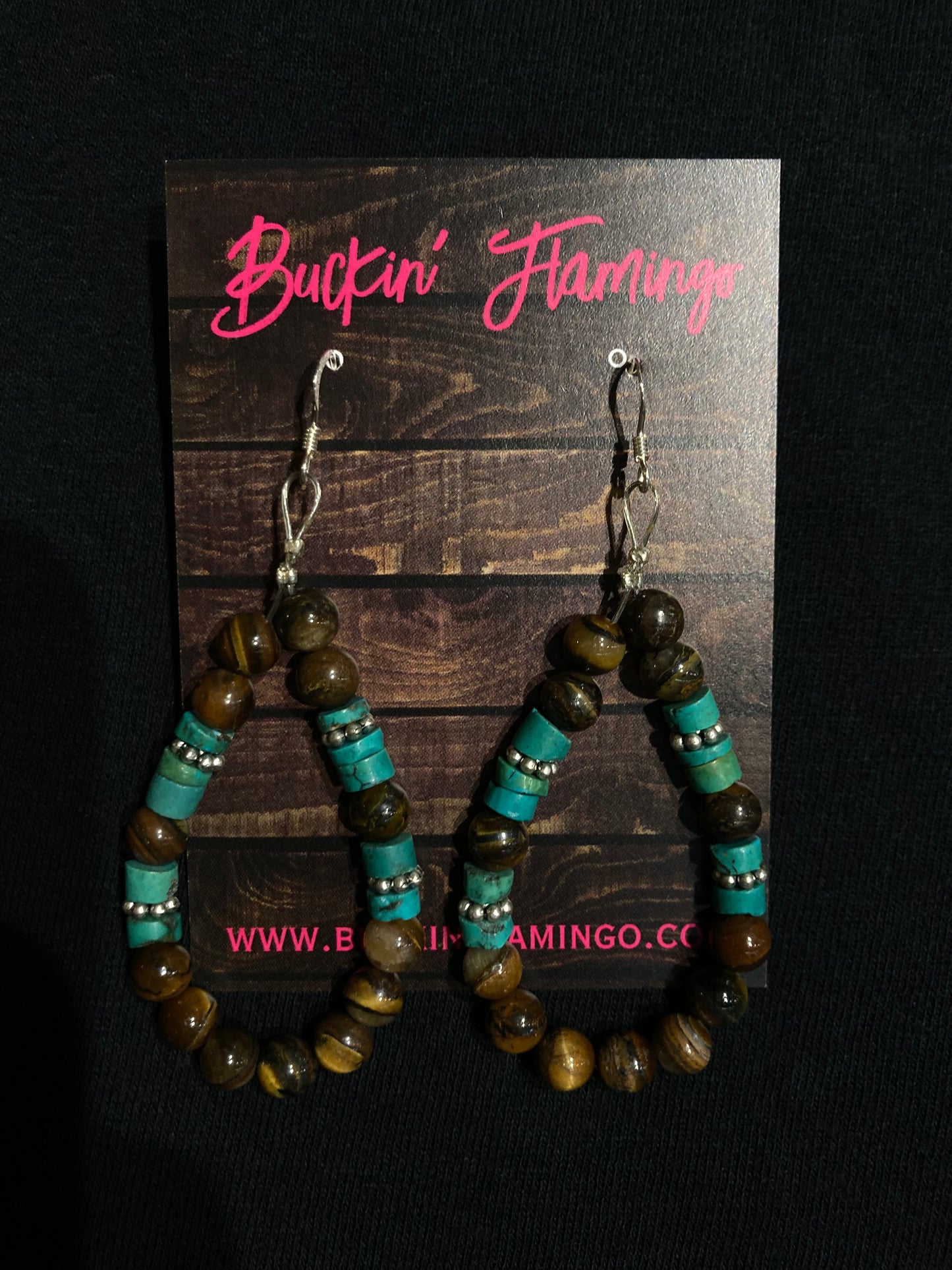 Tigers Eye and Turquoise Heishi Bead Dangle Teardrop Earrings by T and R Singer, Navajo