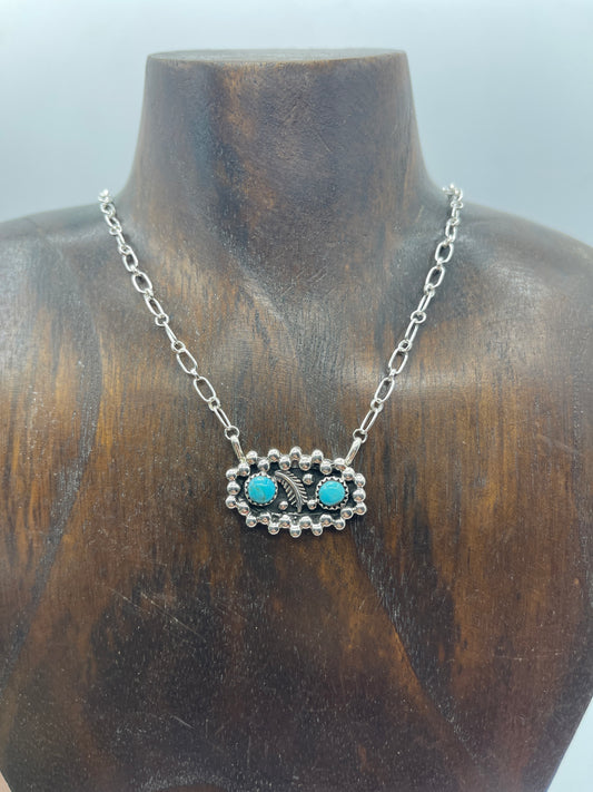2 Stone Turquoise with Feather by Suzanna Johnson, Navajo