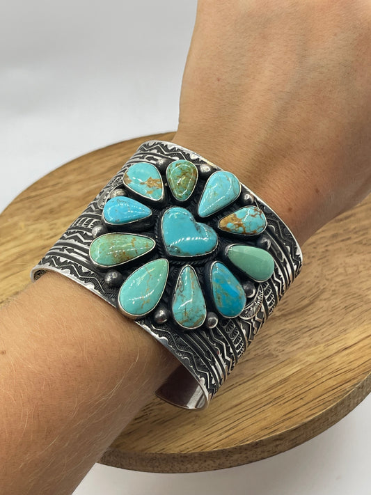 Kingman Turquoise Heart Cluster Cuff by Sunshine Reeves, Navajo