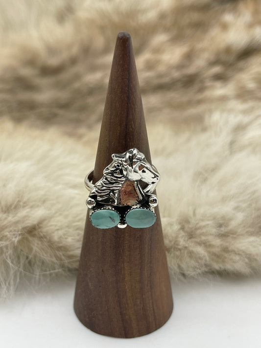 6.5 Horse with 2 Turquoise Stones Semi-Adjustable Ring by Sonyei Coho, Navajo