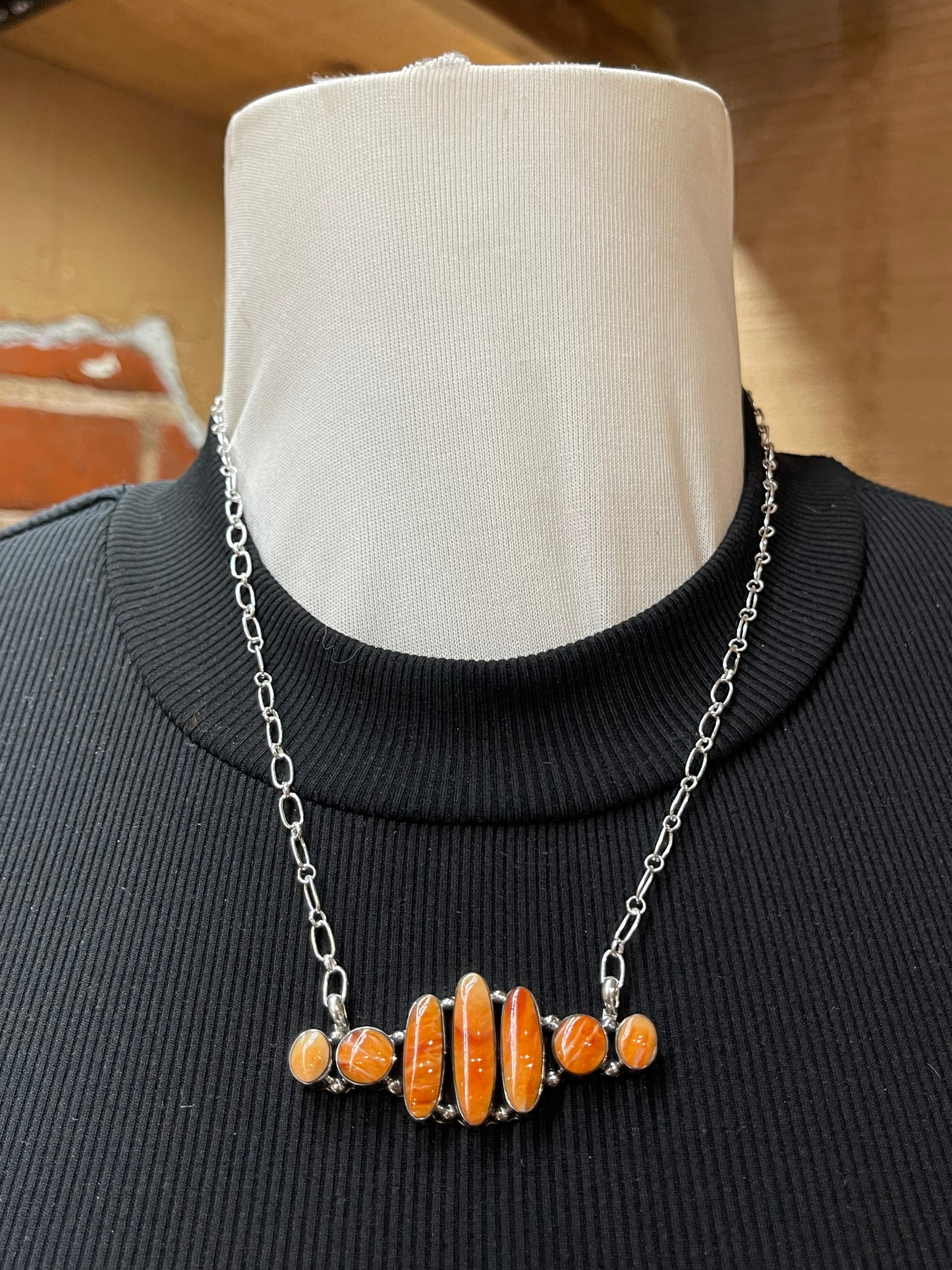 16" Orange Spiny Oyster Seven Stone Necklace by Kimberly Yazzie, Navajo