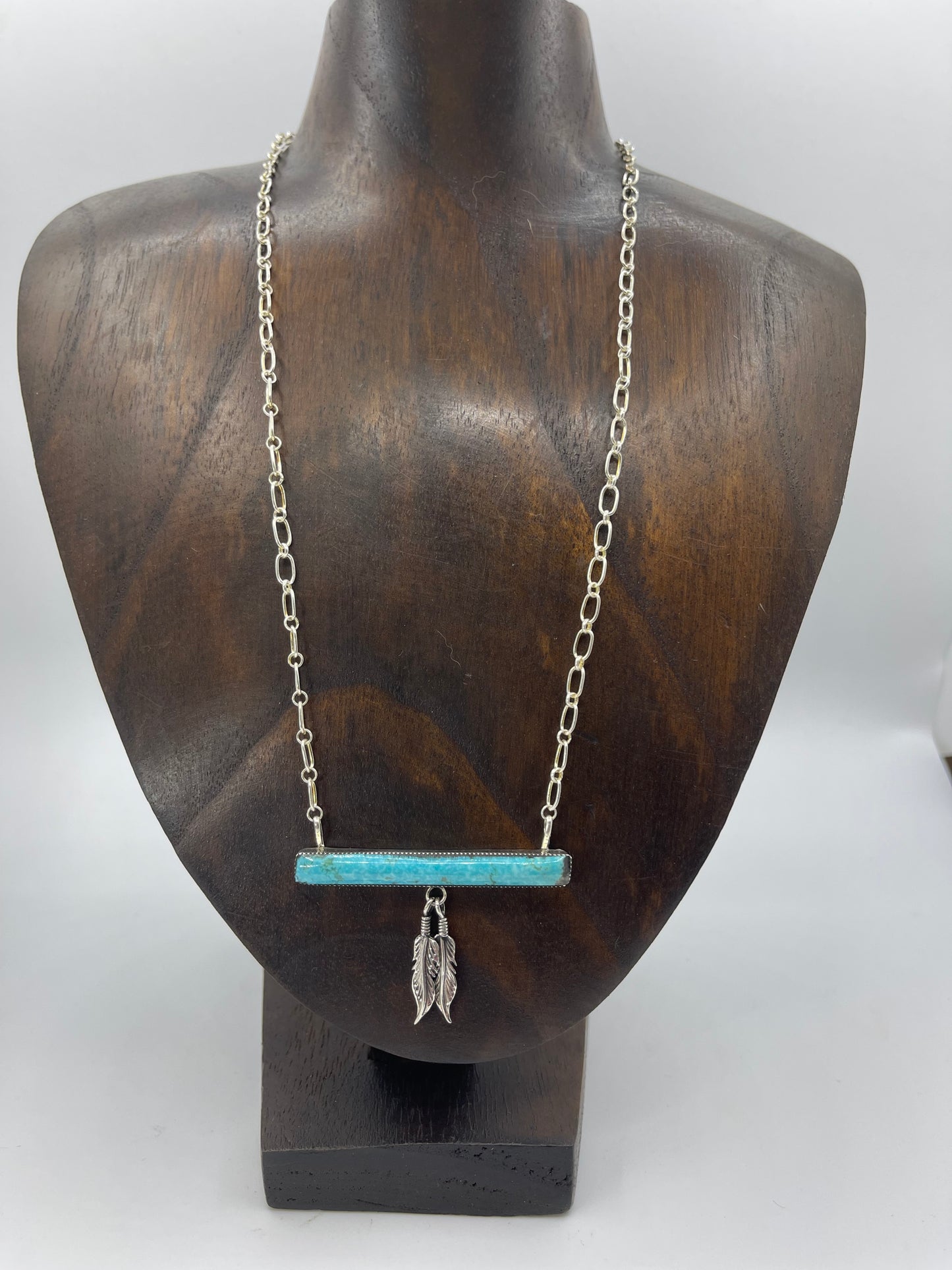 18" Turquoise Bar Necklace with Feathers by Angie Platero, Navajo