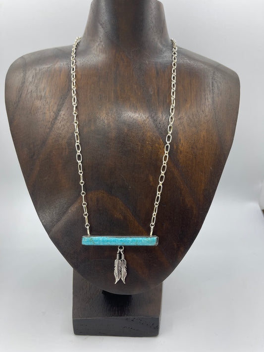 18" Turquoise Bar Necklace with Feathers by Angie Platero, Navajo