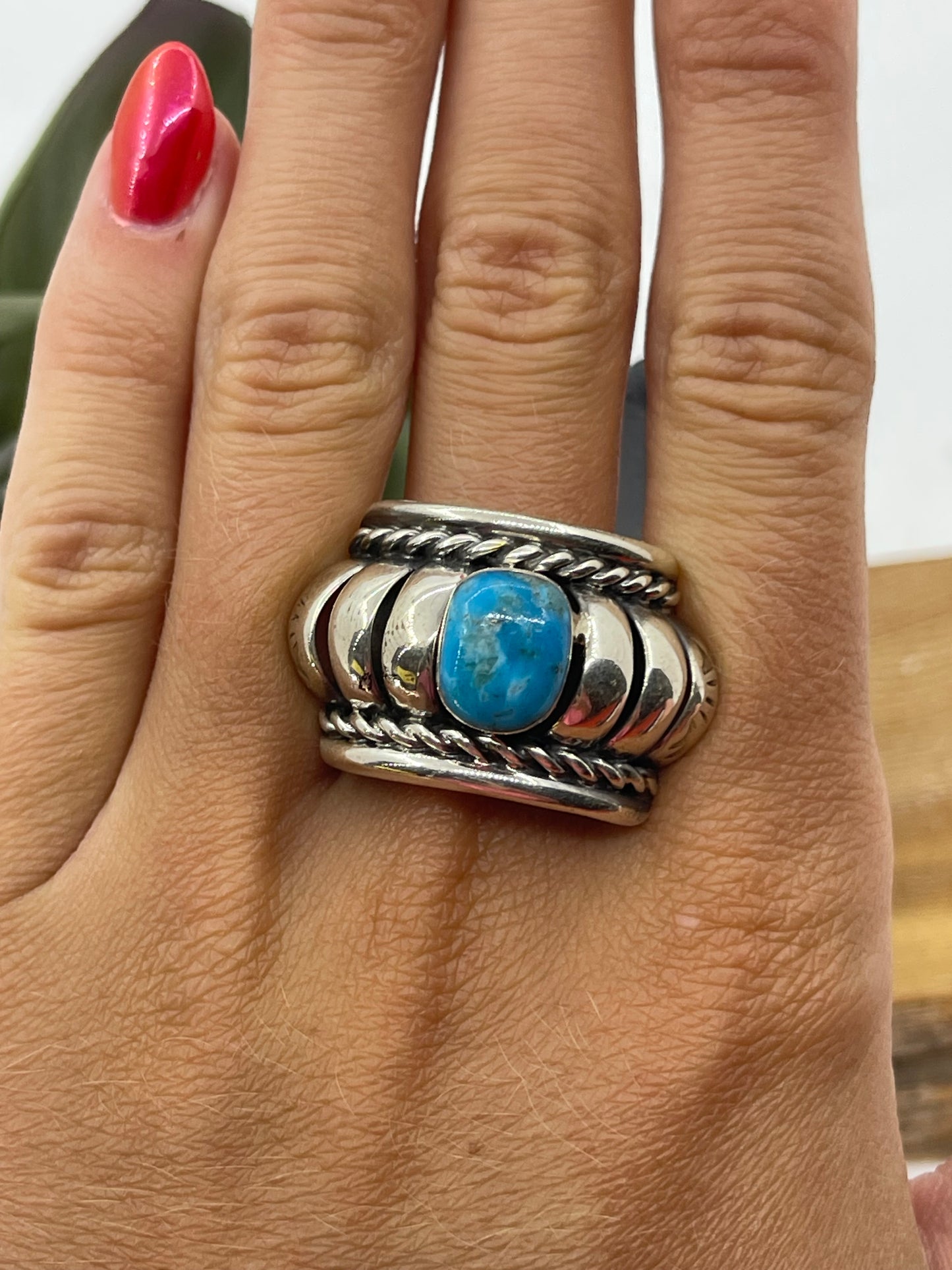 10.5 Sterling Silver and Kingman Turquoise Lobster Tail Ring by Manuel Jackson, Navajo
