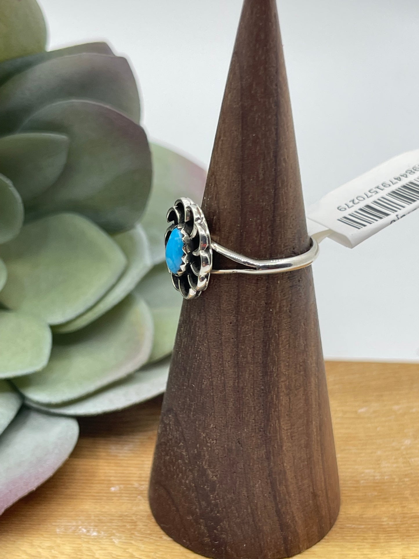 4.0 Turquoise Flower Style Ring by Sadie Jim, Navajo