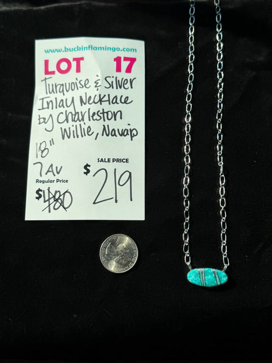 LOT 17 8/9 Turquoise & Silver Inlay Necklace by Charleston Willie, Navajo 18"