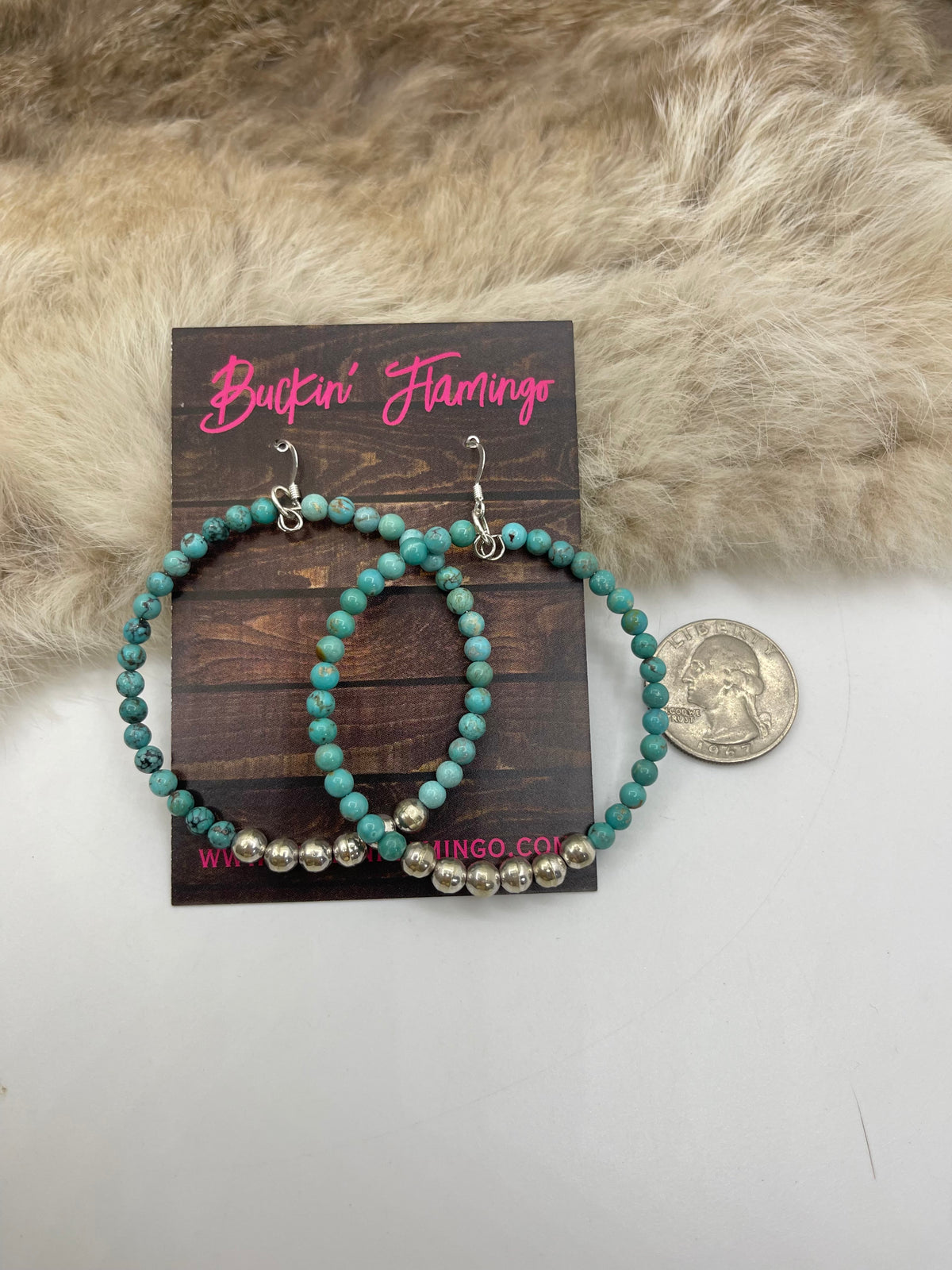 Turquoise Hoops Earrings with Silver Beads