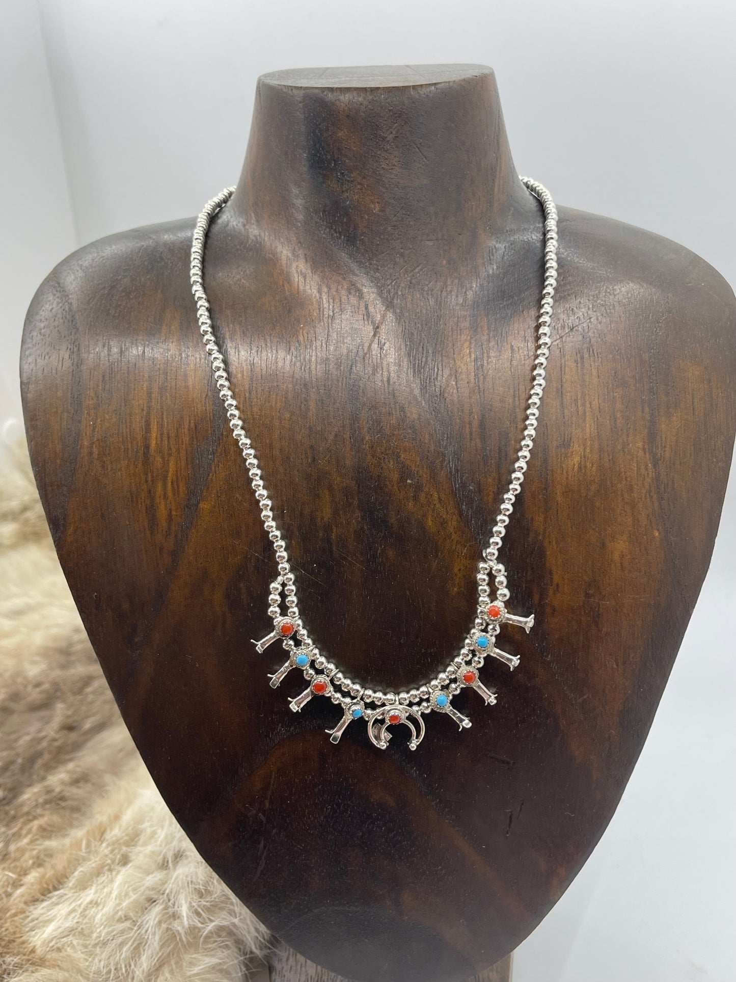 16" Mini Multi Stone Squash Blossom Red & Coral Sterling Blossoms