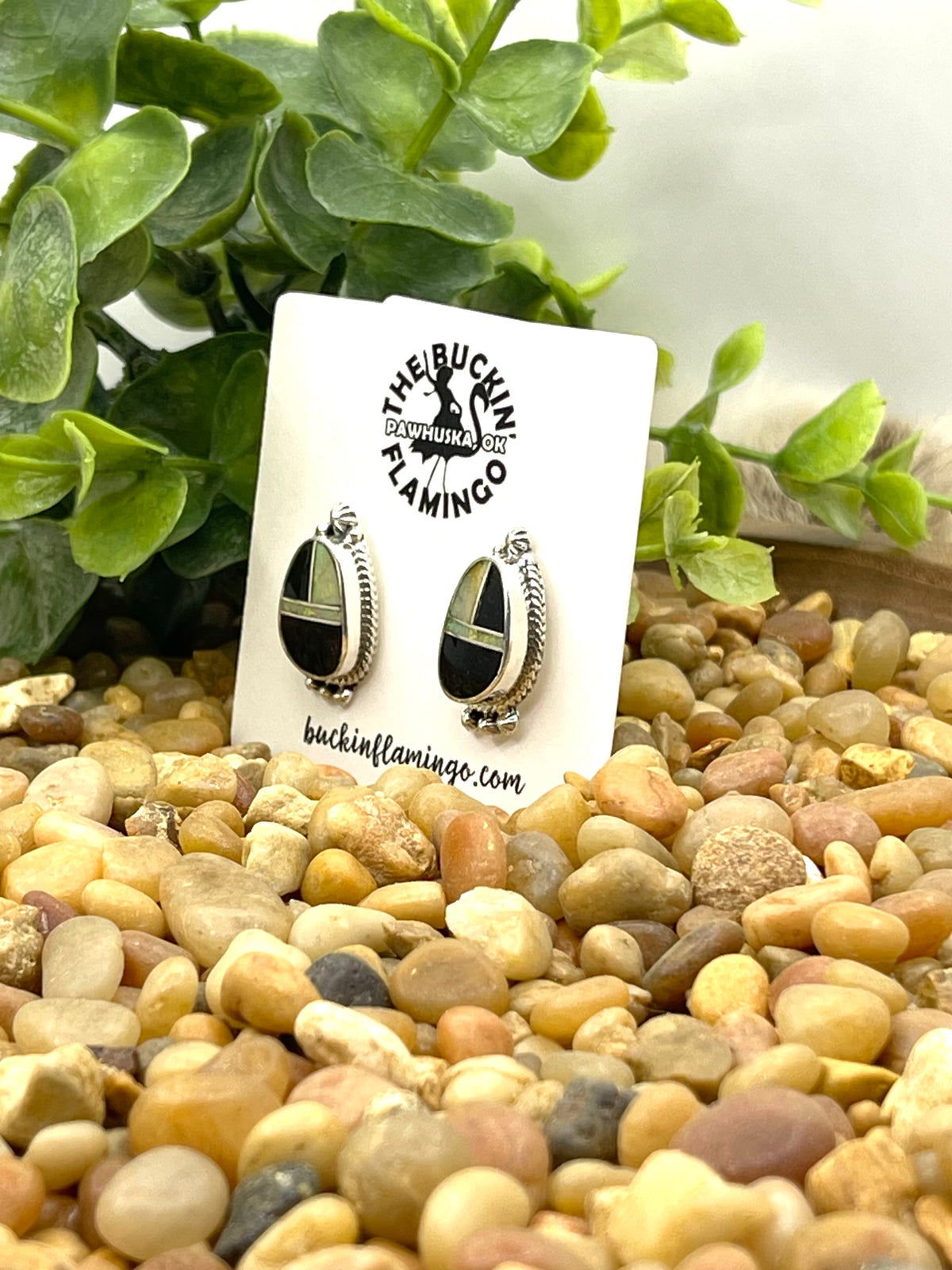 Onyx & Opal Inlay Earrings by James Manygoats, Navajo