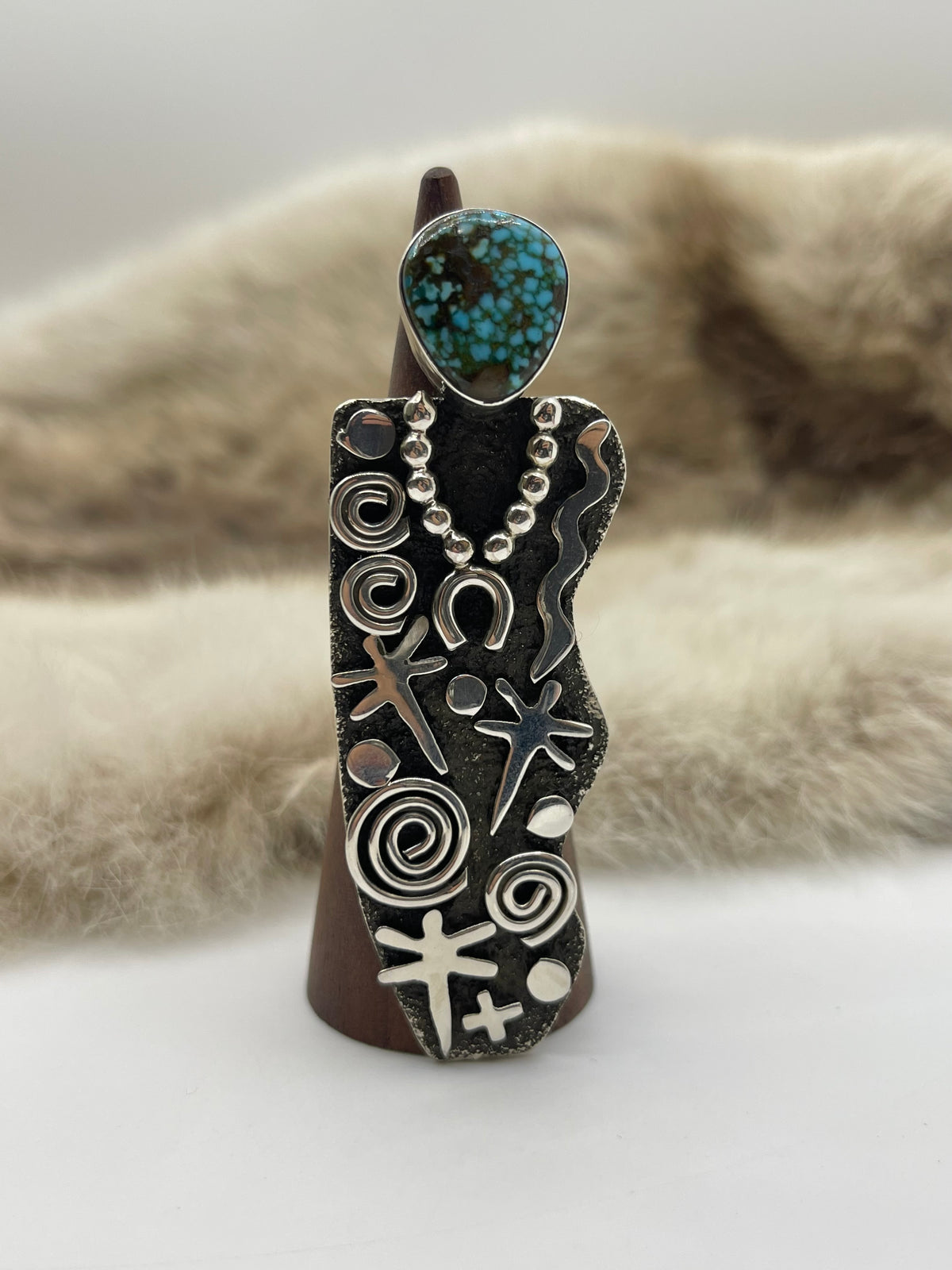 9.0 Kingman Web Turquoise “Grandmother” Petroglyph Ring by Alex Sanchez, Navajo