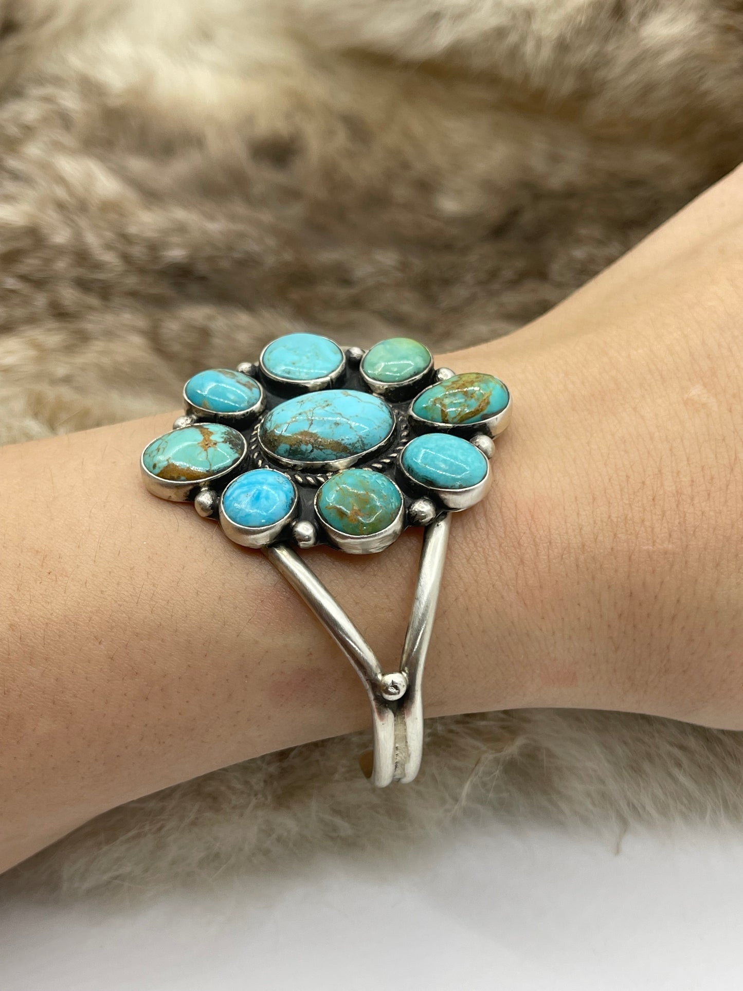 5.5"-7" Kingman Turquoise Cluster Cuff by Geraldine James, Navajo