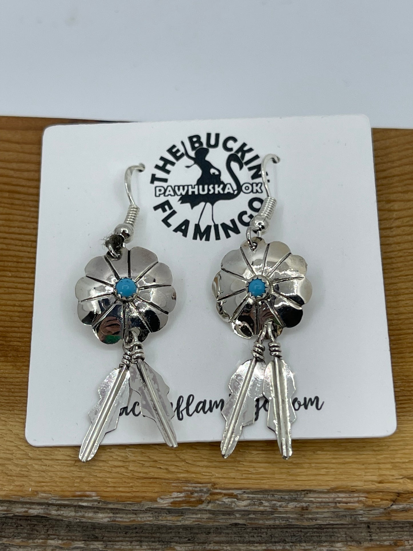 Dangle Concho Feather Earrings with Turquoise Stone by Cornelia Yazhe, Navajo