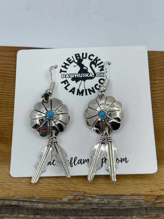 Dangle Concho Feather Earrings with Turquoise Stone by Cornelia Yazhe, Navajo
