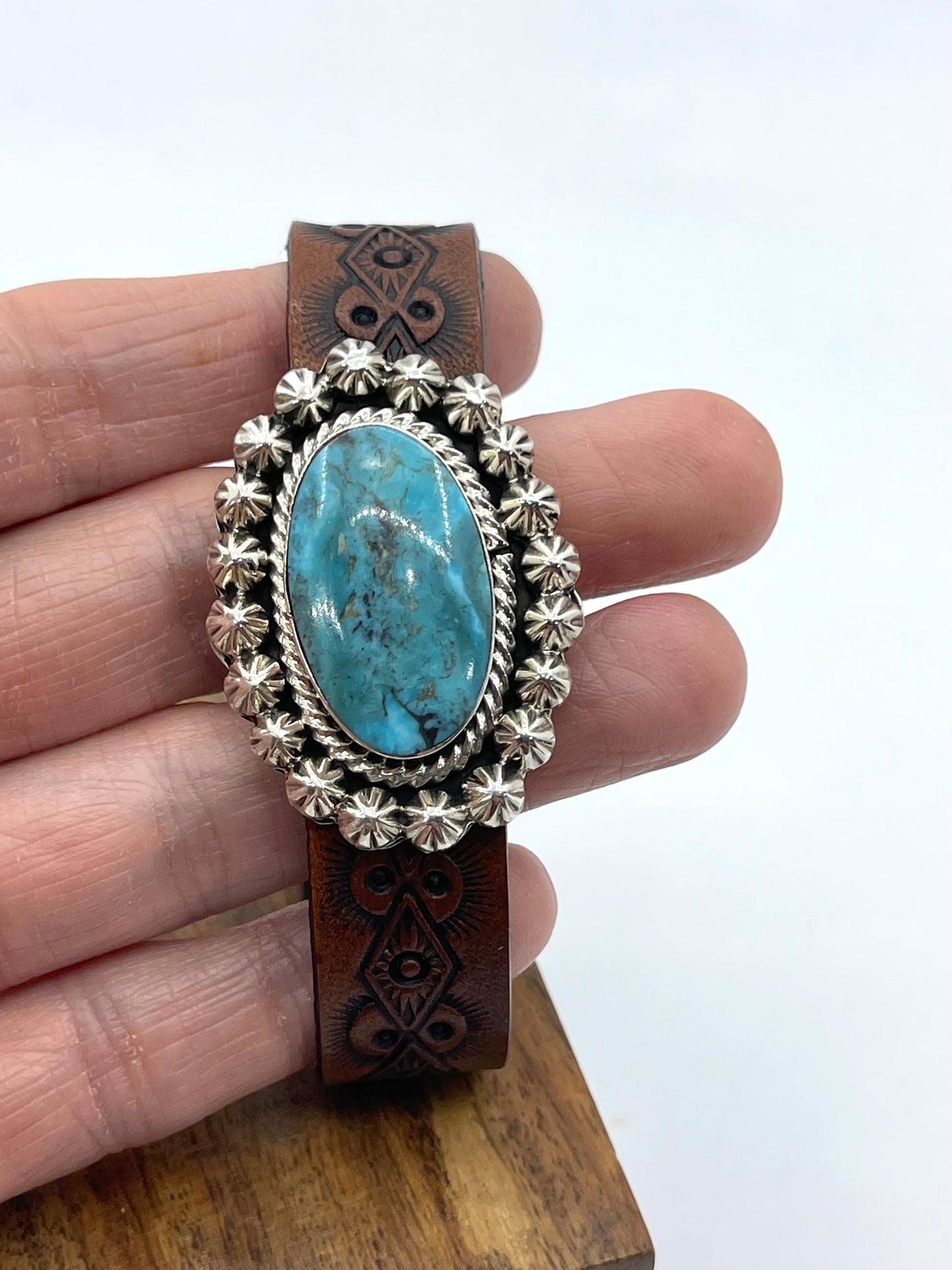 Kingman Turquoise On Stamped Leather by Suzanna Johnson, Navajo