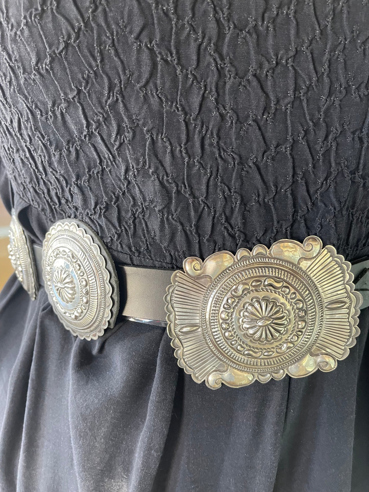 60" Stamped Concho Belt on Black Leather by Eugene Charley, Navajo