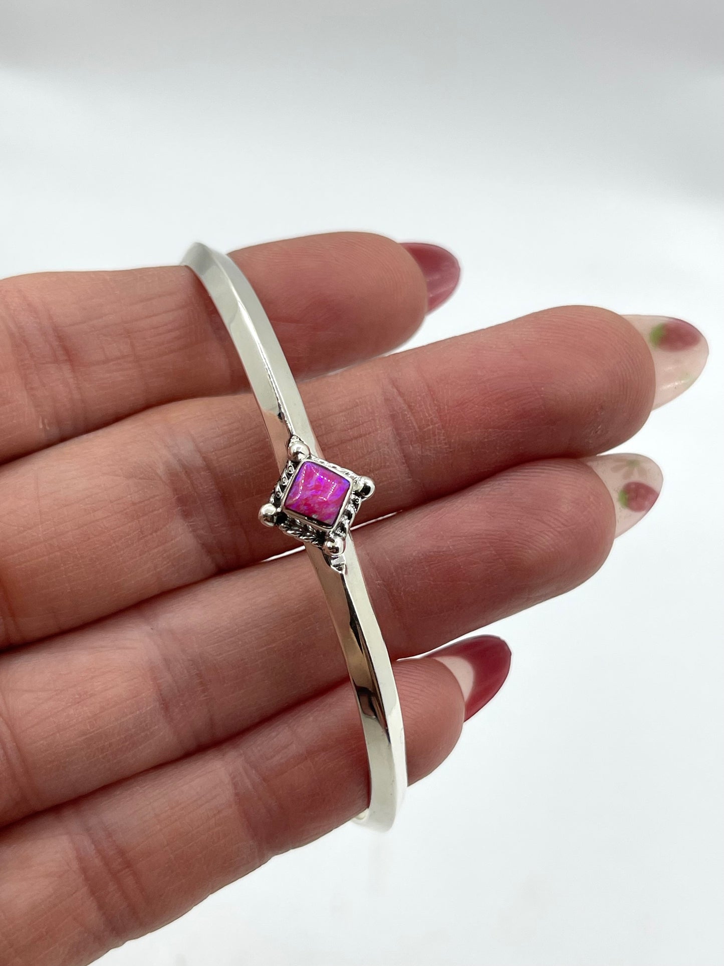 5 3/4"-7 1/4" Hot Pink Opal Triangle Wire Cuff by Gabriel Belin, Navajo