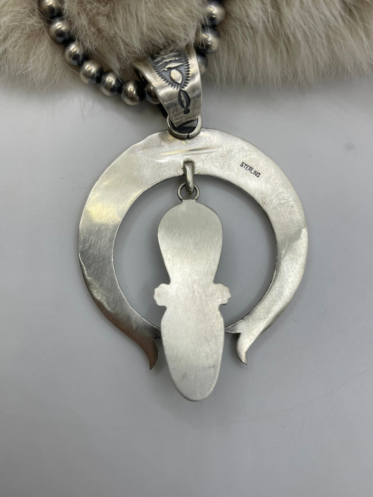18" 6mm Navajo Style Pearls 2 Stone Palomino Turquoise Naja Pendant by Derrick Gordon, Navajo