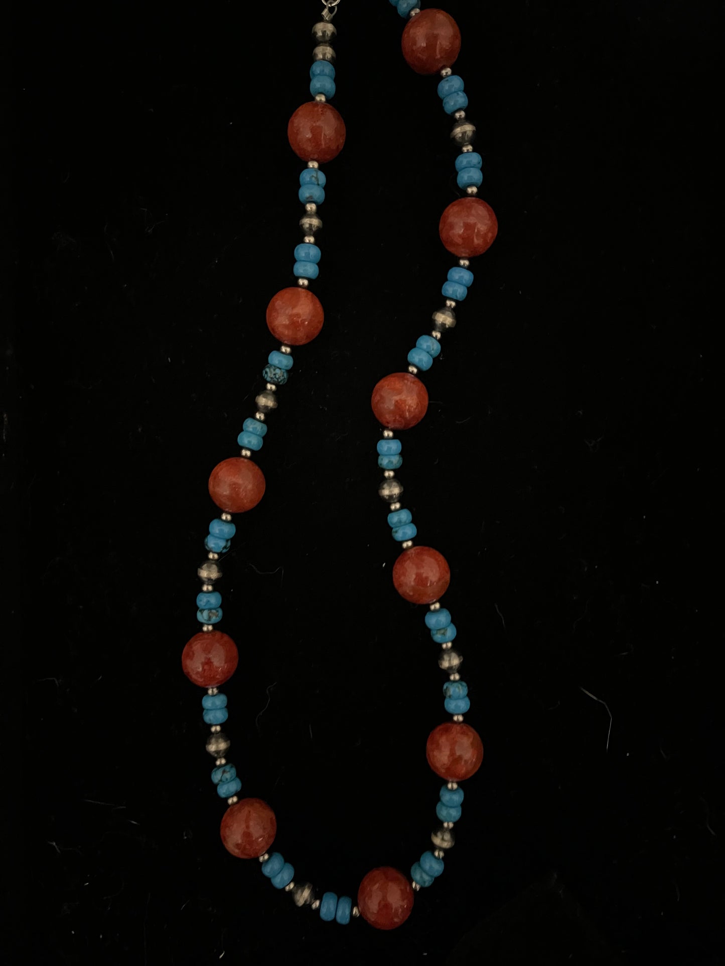 20" Turquoise, 14mm Red apple Coral, 3mm Silver Beaded Necklace
