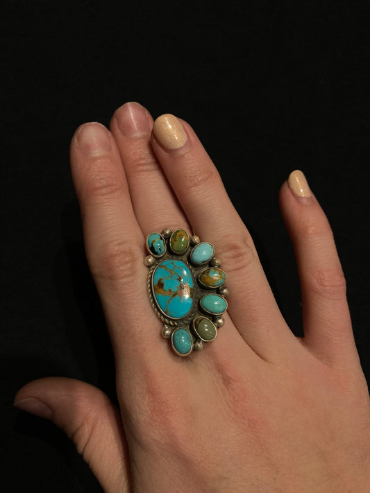 Adjustable Turquoise Half Cluster Ring by Geraldine James, Navajo