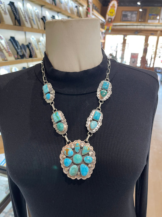22" Kingman Turquoise Cluster Necklace by J. Piaso, Jr., Navajo