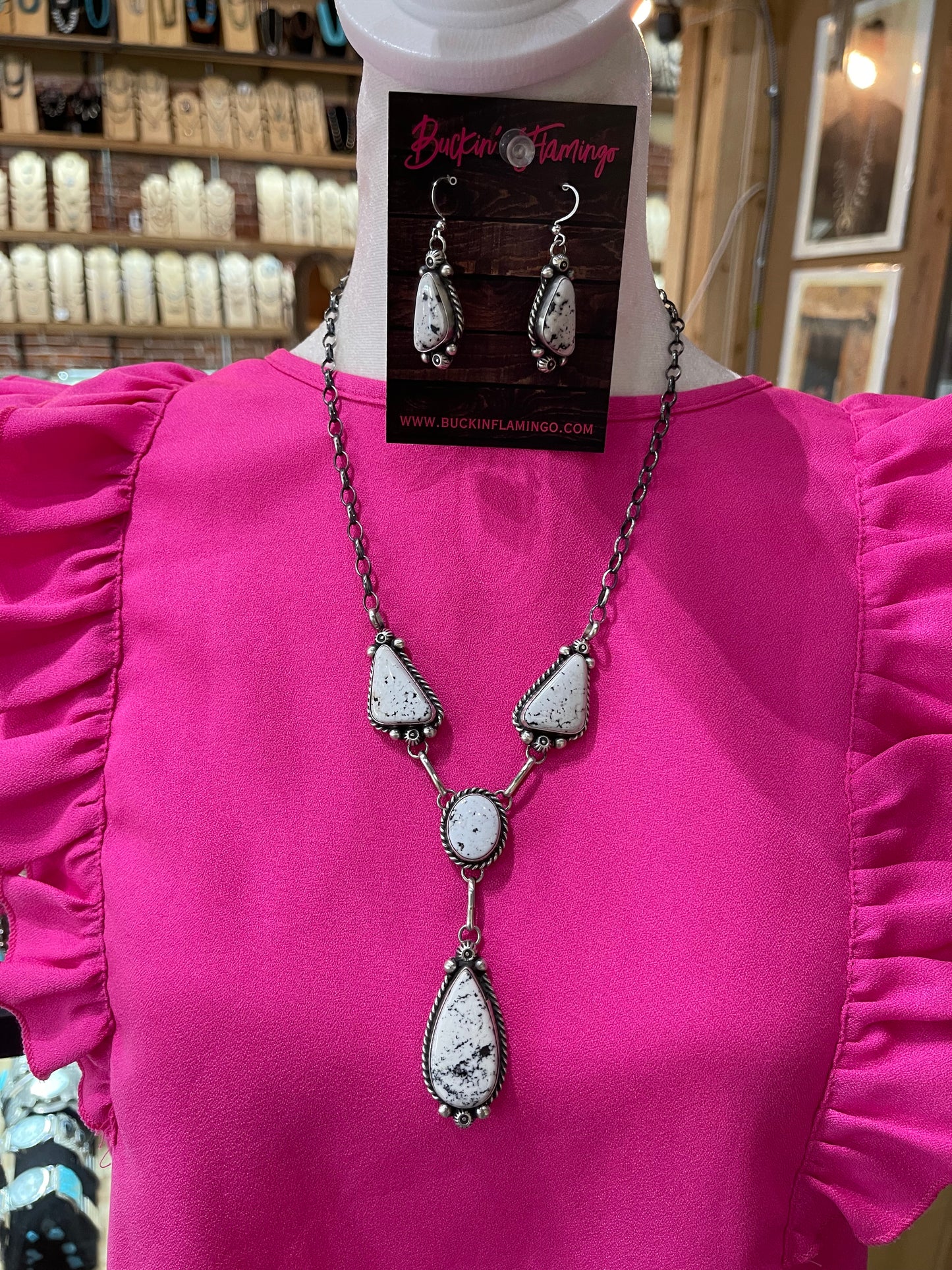 26" White Buffalo Lariat Necklace and Dangle Earrings Set by Anne Spencer, Navajo