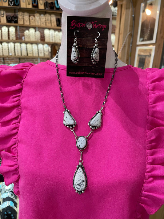 26" White Buffalo Lariat Necklace and Dangle Earrings Set by Anne Spencer, Navajo