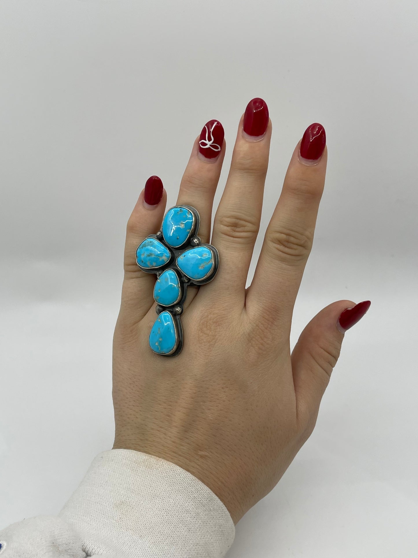 9.0 Sleeping Beauty 5 Stone Cross Ring By Steven Nez, Navajo