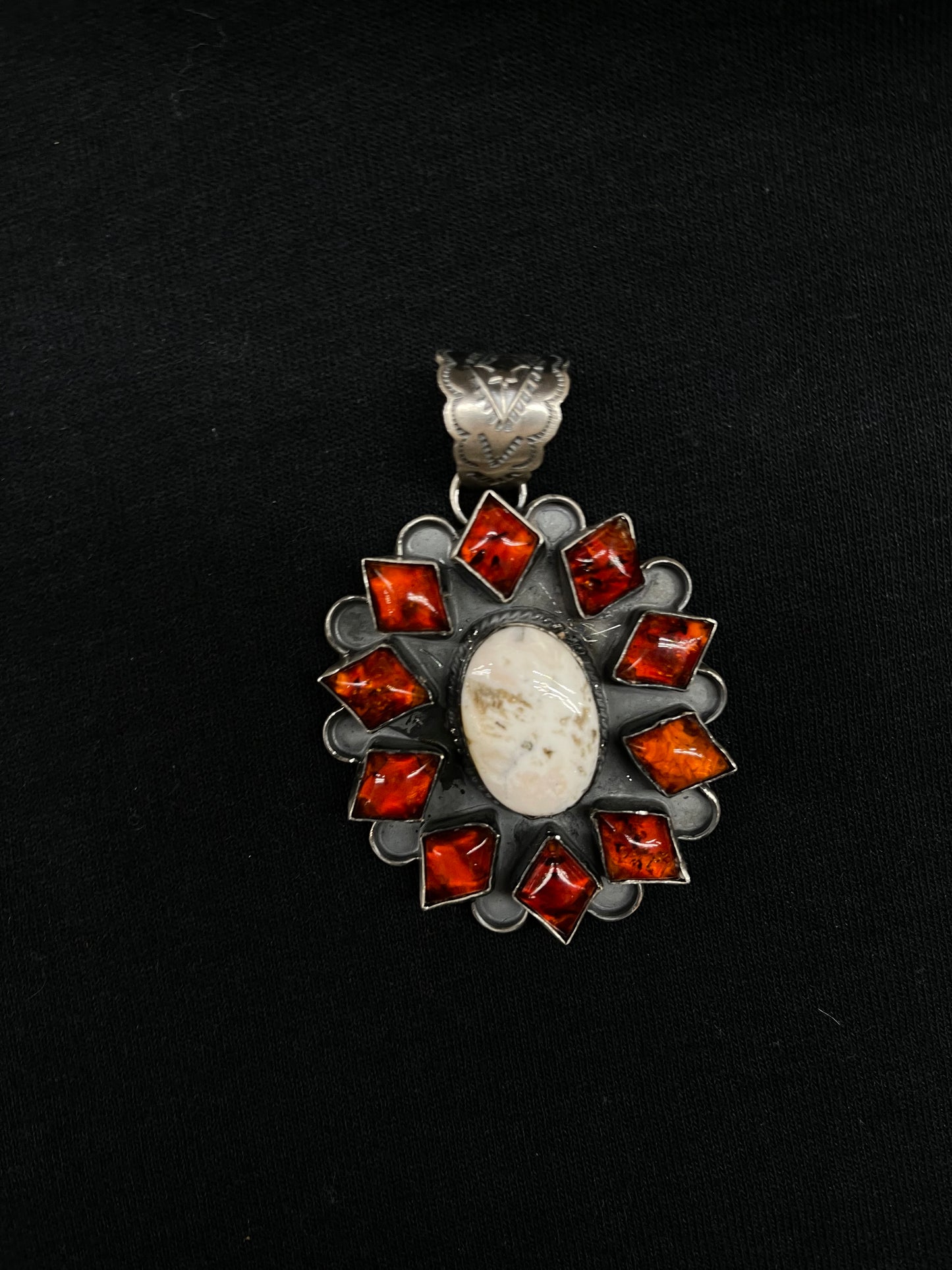 Amber and White Buffalo Pendant with a 10.2mm Bale by T. Nez, Navajo