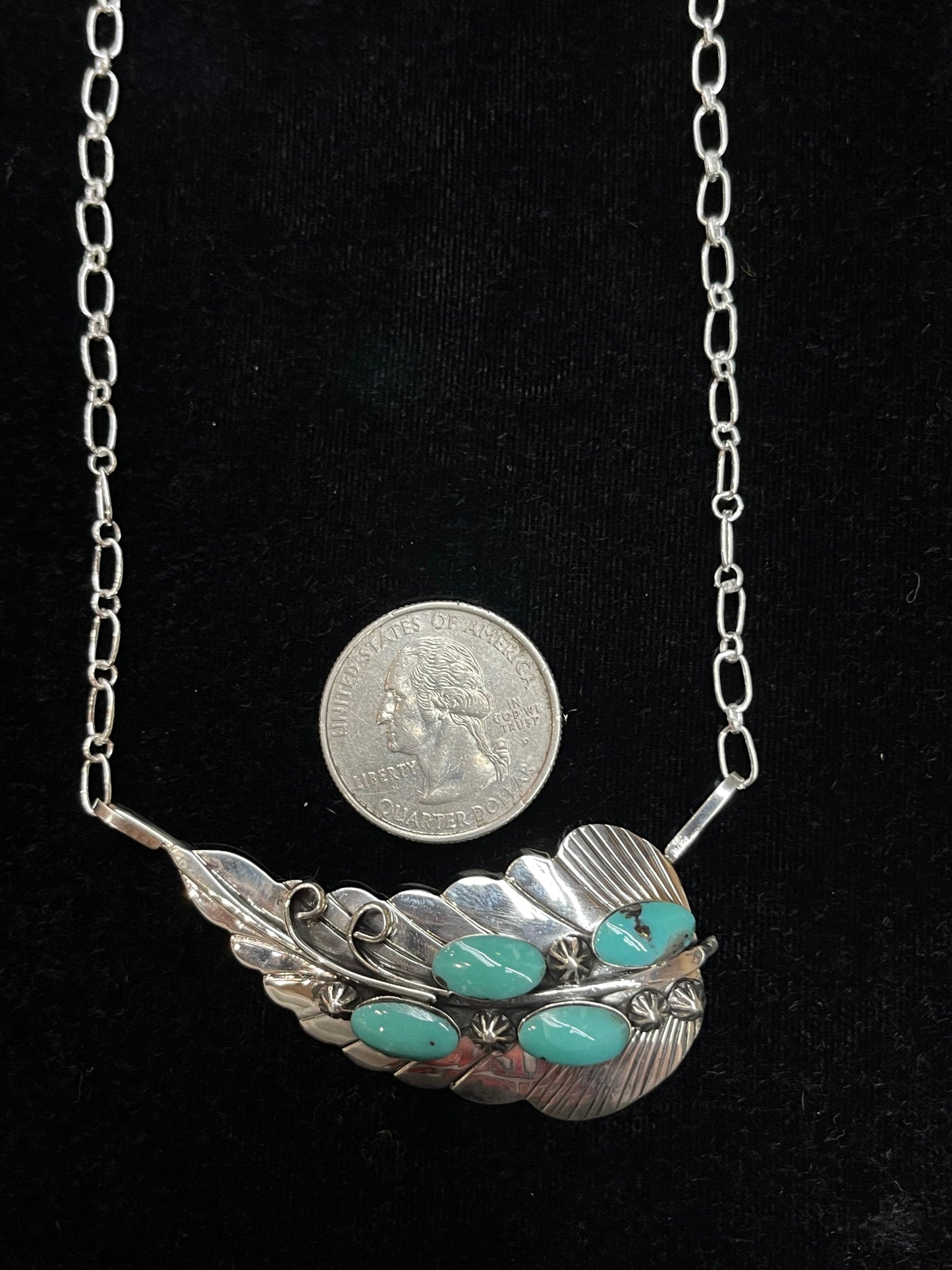 19" Feather Necklace with Turquoise Stones by Jimmy Garcia, Navajo