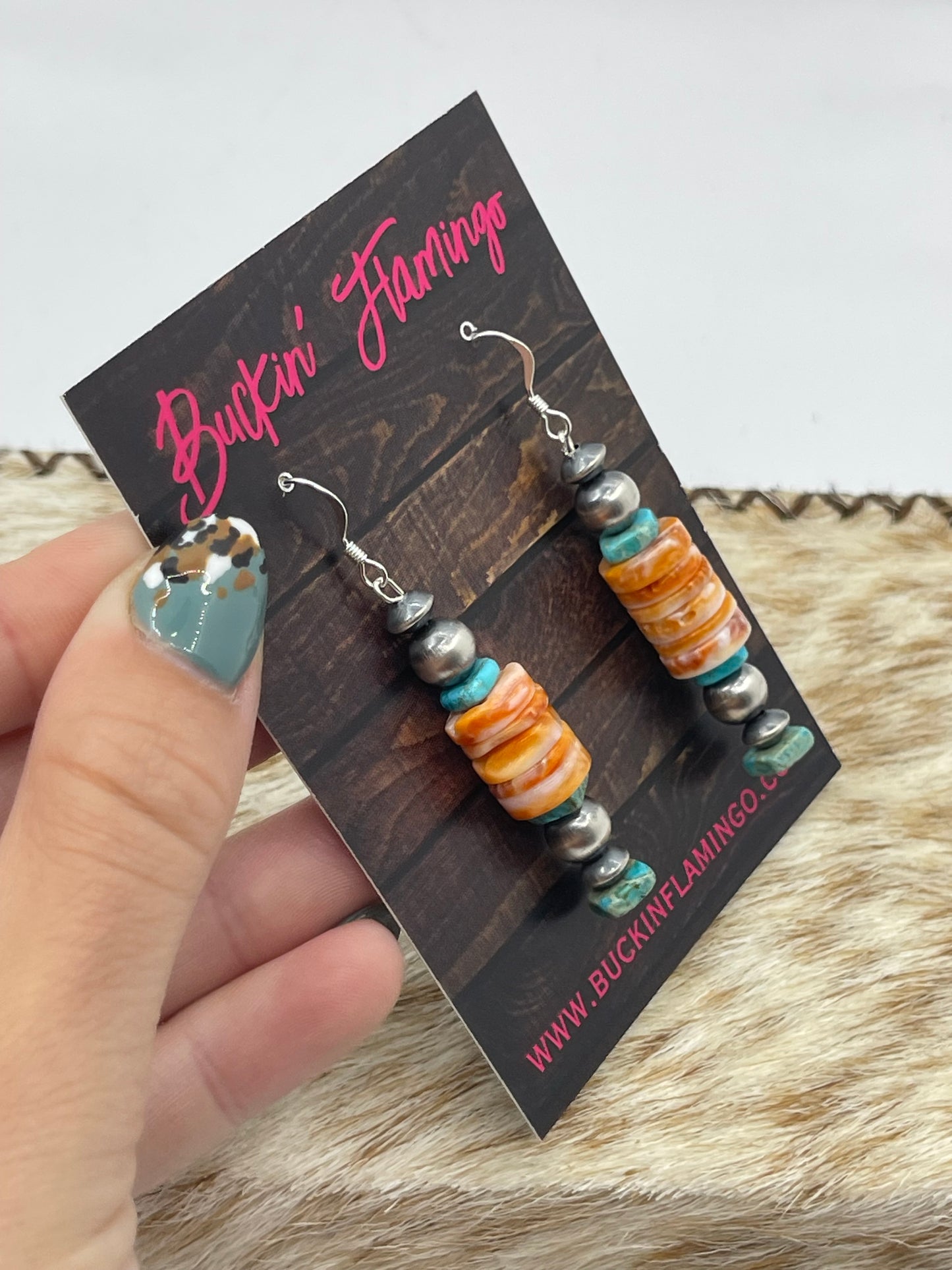 10mm Orange Spiny Oyster Heishi Beaded Dangle Earrings with Turquoise and Navajo Pearls by Isabelle John, Navajo