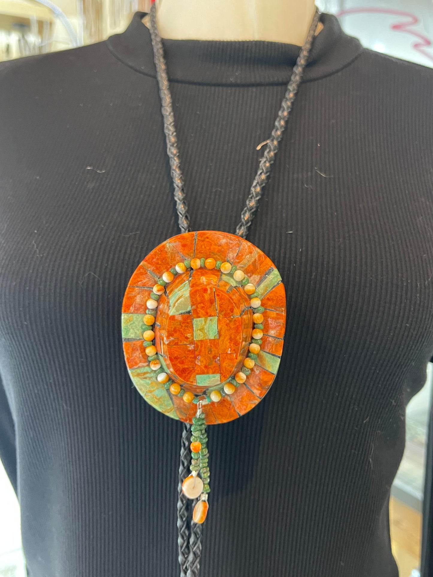 Orange Coral With Turquoise Cowboy Hat Bolo Tie by Jolene Bird, Santo Domingo