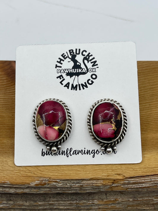 Oval Dahlia Rose Post Earrings by Trish Largo, Navajo