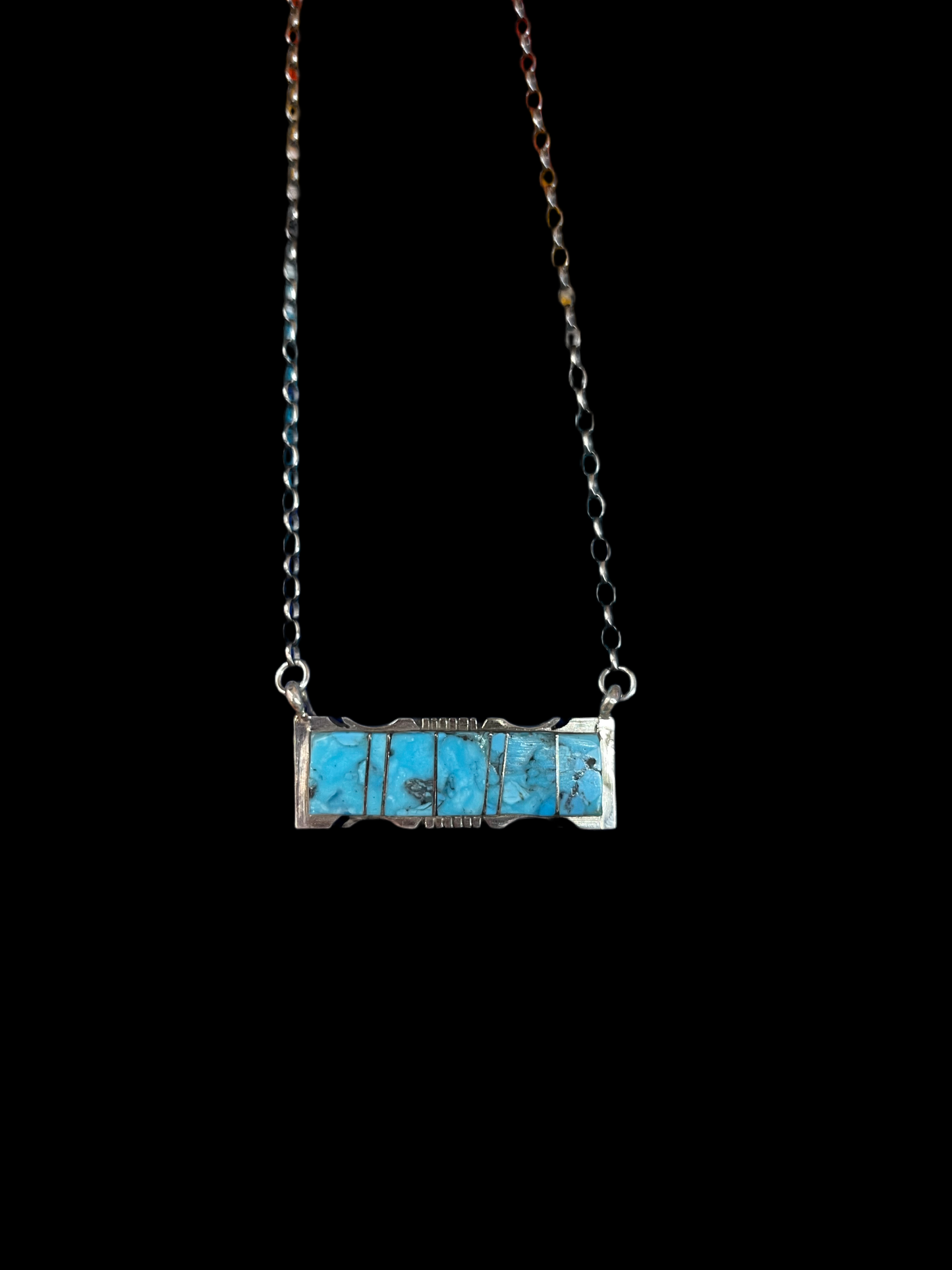 17" Kingman Turquoise Inlay Bar Necklace by Steve Francisco, Navajo